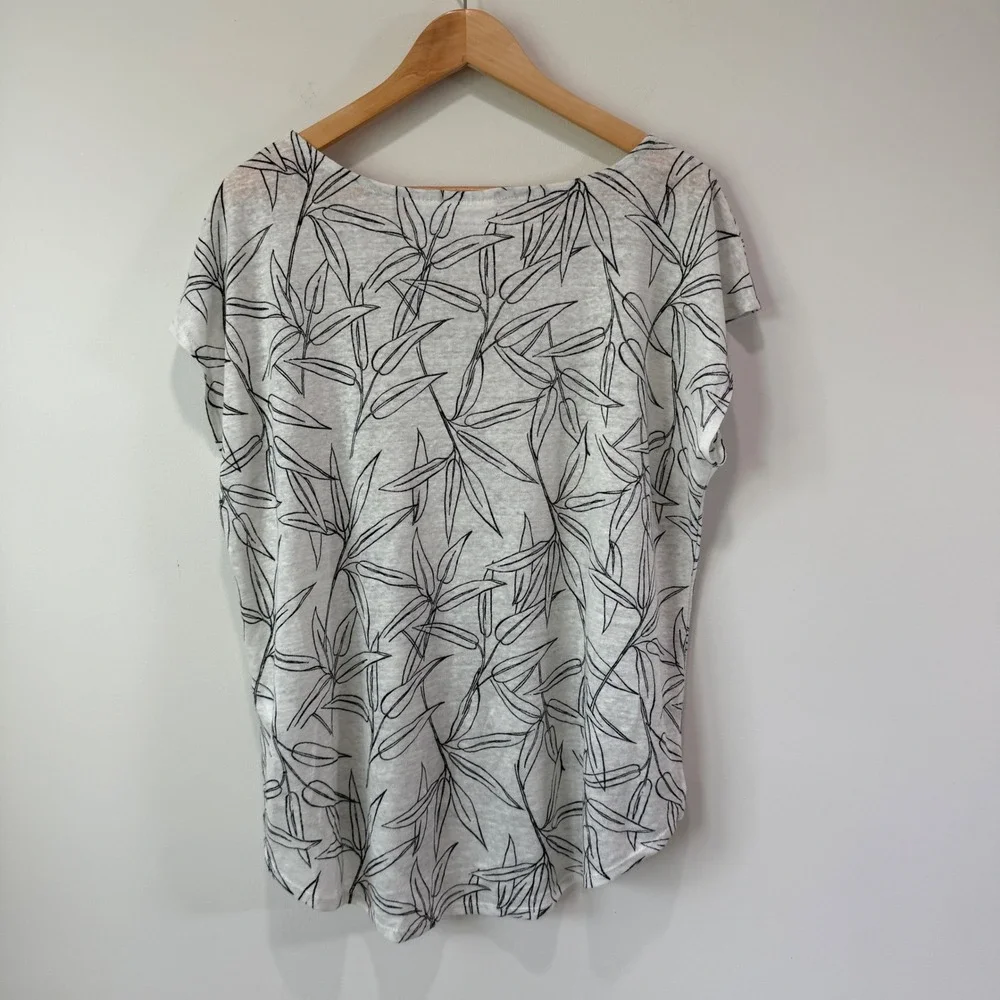 Cynthia Rowley 100% Linen Tropical Botanical Leaf Top Sz XL Neutral Short Sleeve